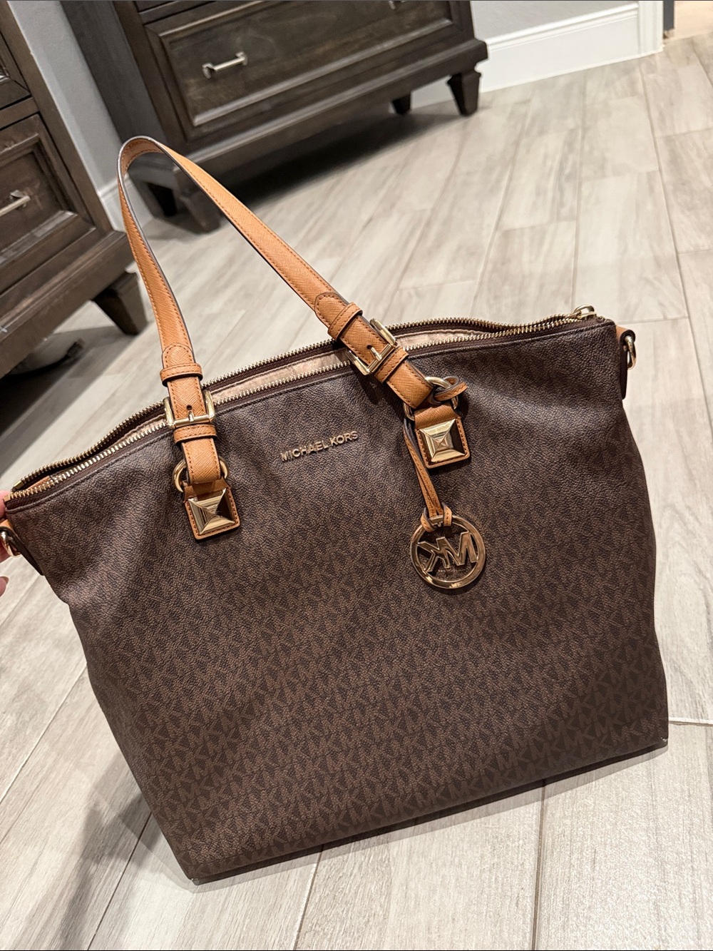 Michael Kors Brown Logo-Print Tote with Tan Straps